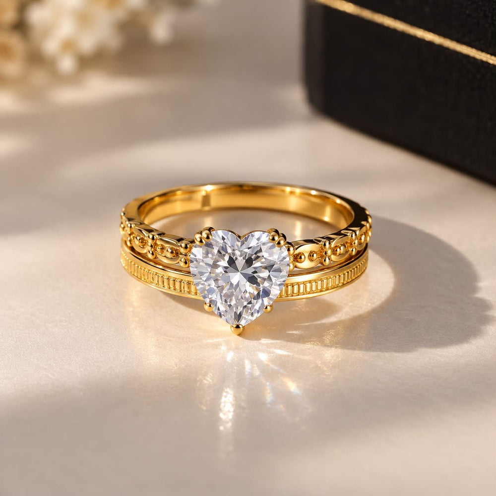 Heart Cut Diamond Gold Stainless Steel Ring For Women