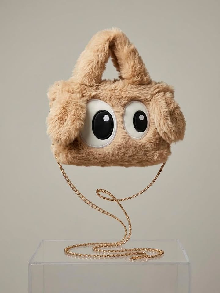 Beige Furry Dog Design Handbag