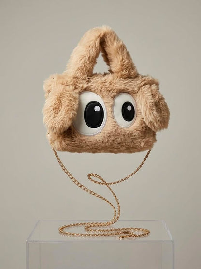 Beige Furry Dog Design Handbag
