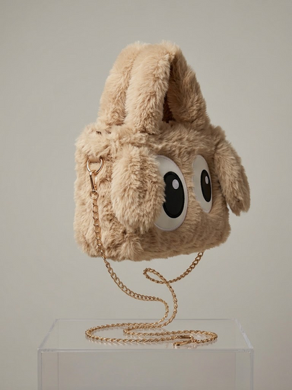 Beige Furry Dog Design Handbag