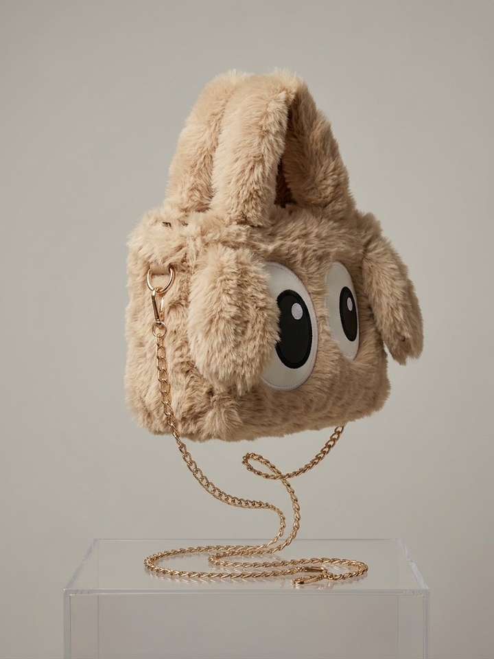 Beige Furry Dog Design Handbag