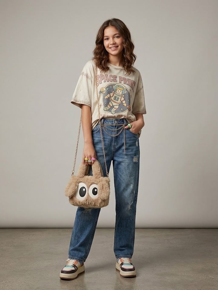 Beige Furry Dog Design Handbag