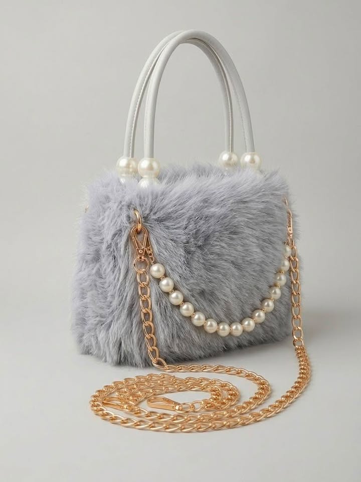 Fluffy Grey Pearl Shoulder Bag with Gold Chain