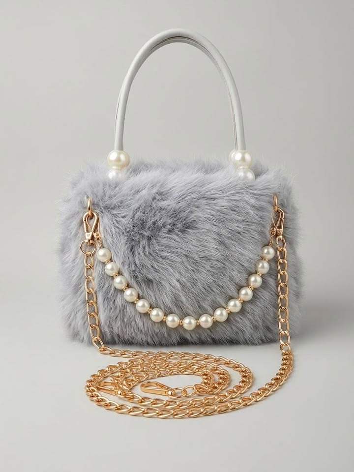 Fluffy Grey Pearl Shoulder Bag with Gold Chain