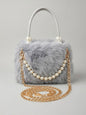 Fluffy Grey Pearl Shoulder Bag with Gold Chain