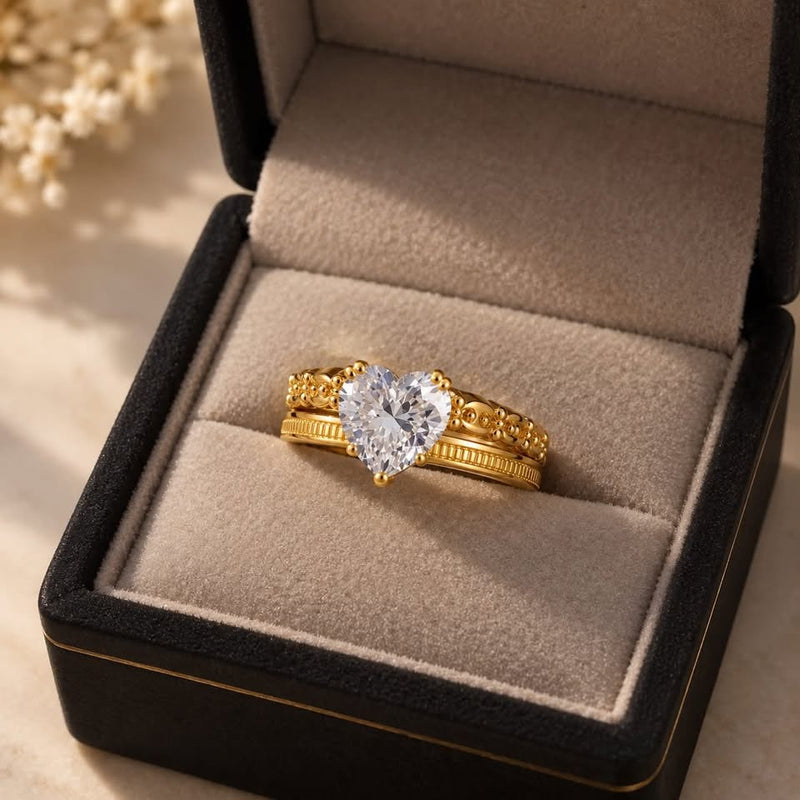 Heart Cut Diamond Gold Stainless Steel Ring For Women