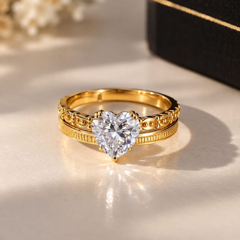 Heart Cut Diamond Gold Stainless Steel Ring For Women