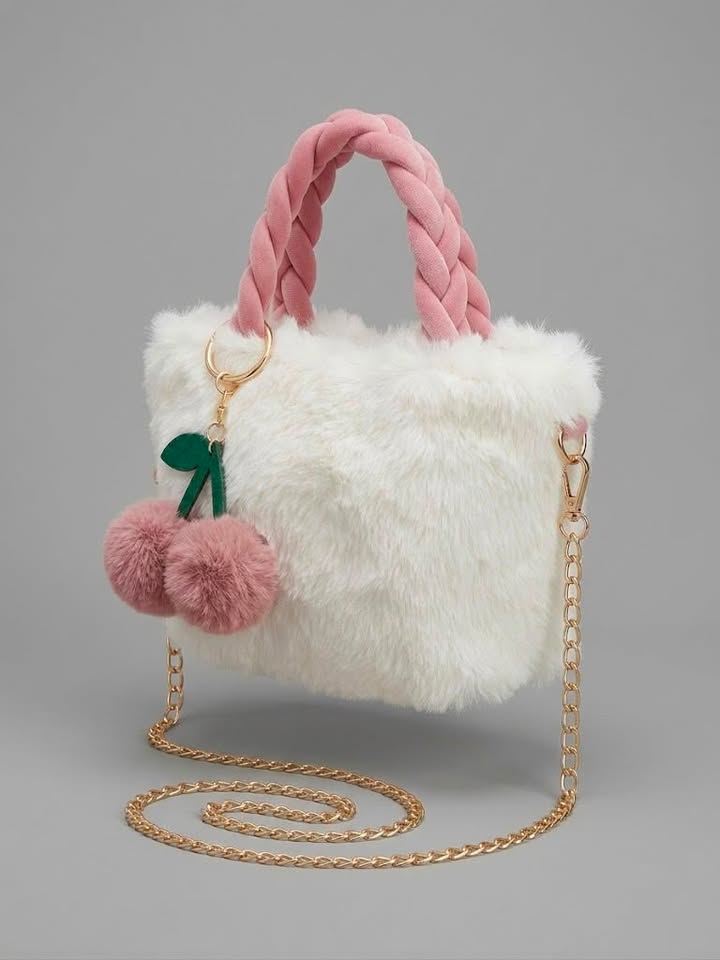 White Plush Mini Bag with Pink Cherry Charm