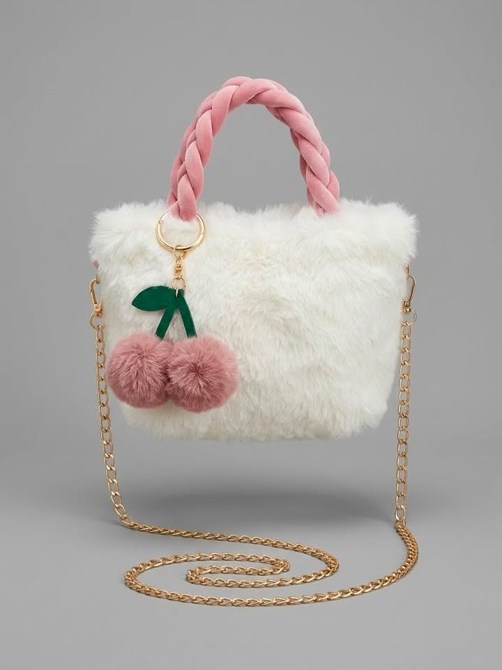 White Plush Mini Bag with Pink Cherry Charm