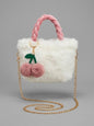 White Plush Mini Bag with Pink Cherry Charm